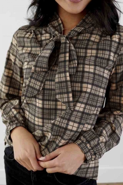 Plaid Tie-Neck Yoke Top